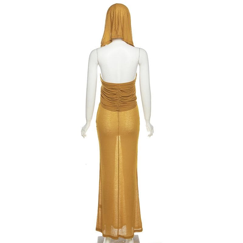 Hoodie solid cross front ruched backless sleeveless maxi dress