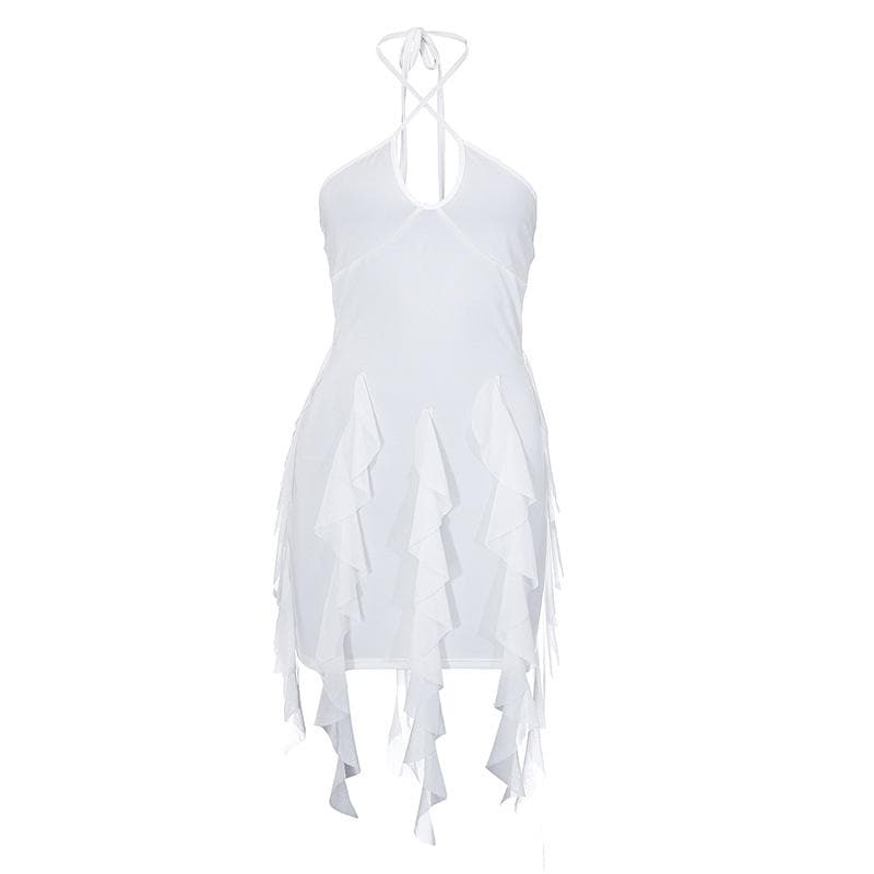 Ruffle halter solid cross front backless self tie mini dress