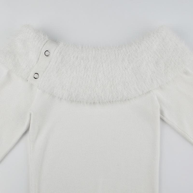 Fluffy off shoulder solid button long sleeve top