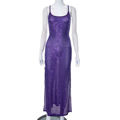 Glitzerndes, durchsichtiges, rückenfreies Maxi-Camisole-Kleid mit U-Ausschnitt