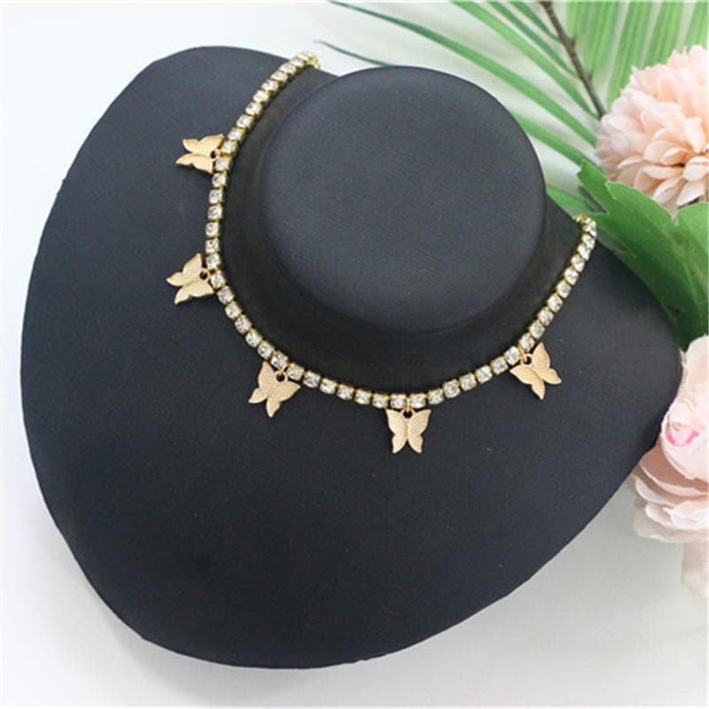 Rhinestone butterfly pendant choker necklace