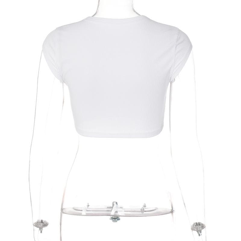 “SPOILEDâ€?embroidery contrast crewneck cap sleeve crop top