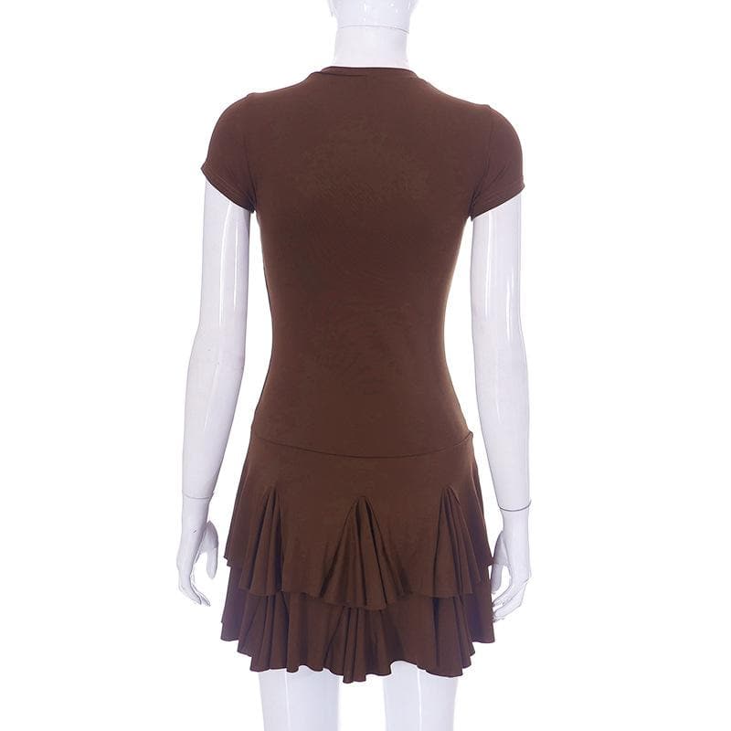 Crewneck short sleeve pleated solid mini dress