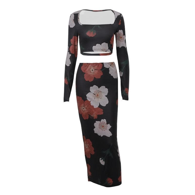 Flower print square neck long sleeve contrast maxi skirt set