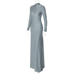 High neck long sleeve zip-up solid maxi dress