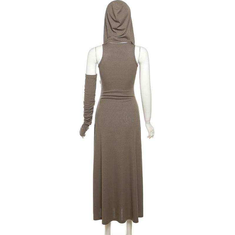 Hoodie ruched gloves irregular sleeveless slit maxi dress