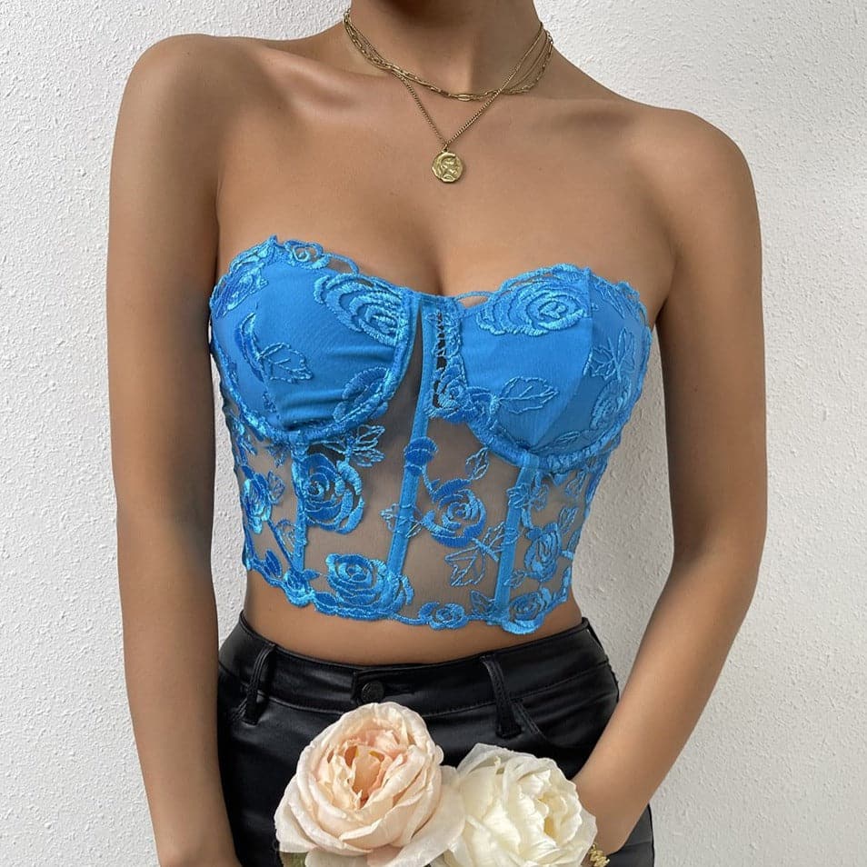 Top tipo bustier con botones sólidos de malla rosa 