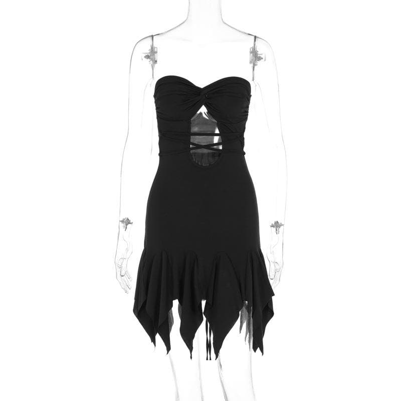 Hollow out ruffle solid knotted self tie irregular tube mini dress