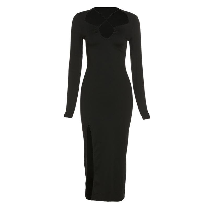 Cross front long sleeve slit notch neck solid midi dress