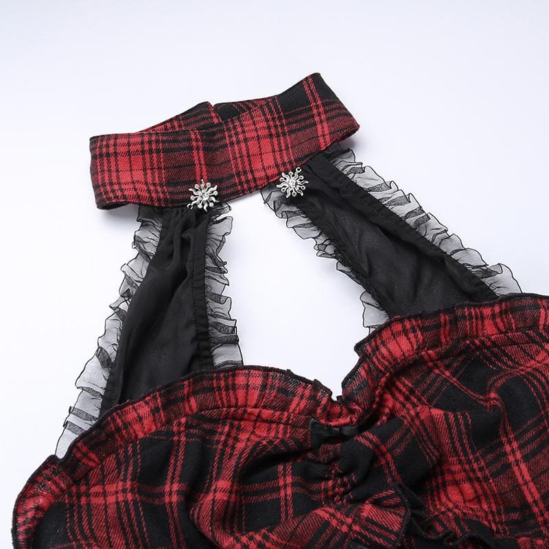 Zip-up lace hem halter lace up plaid backless mini dress | victorian gothic dresses