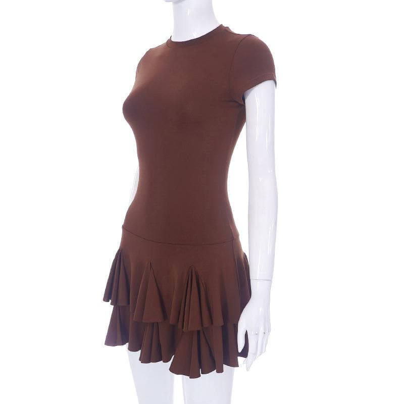 Crewneck short sleeve pleated solid mini dress