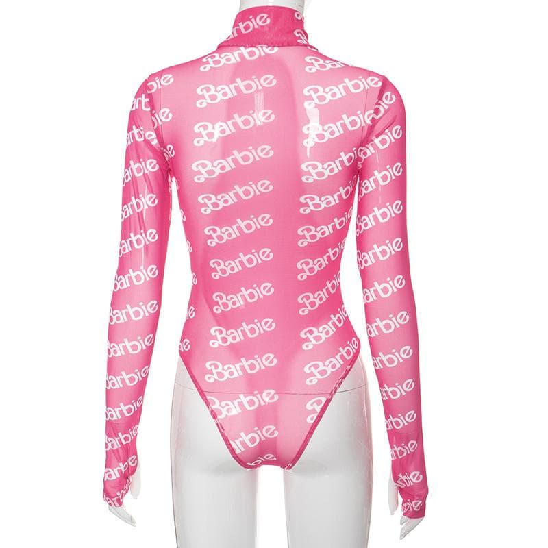 High neck long sleeve barbie print sheer mesh see through bodysuit