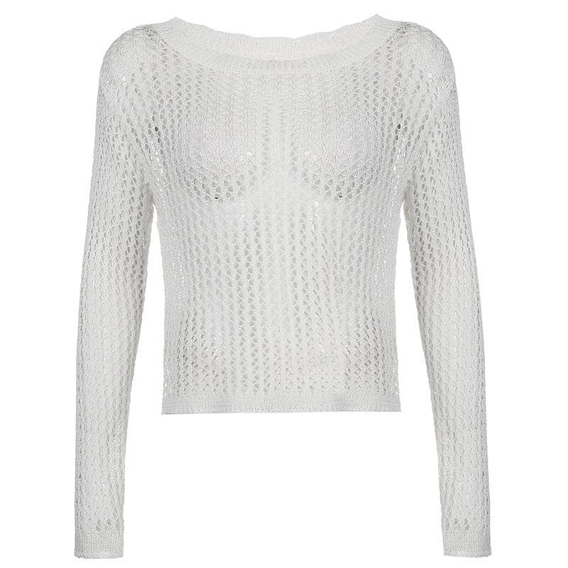 Knitted round neck long sleeve hollow out crochet top