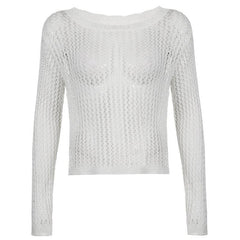 Knitted round neck long sleeve hollow out crochet top