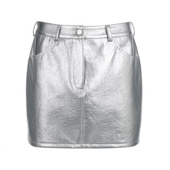 Solid metallic button pocket high rise mini skirt