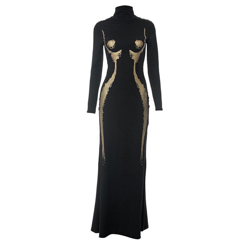 High neck long sleeve body print contrast maxi dress