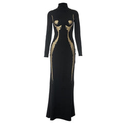 High neck long sleeve body print contrast maxi dress