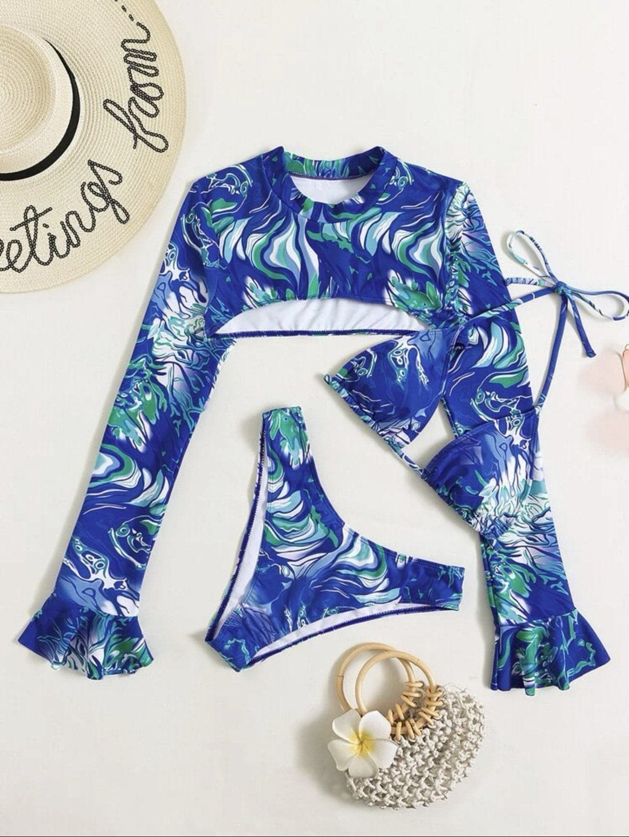 Contrast print ruffle long sleeve halter 3 piece swimwear