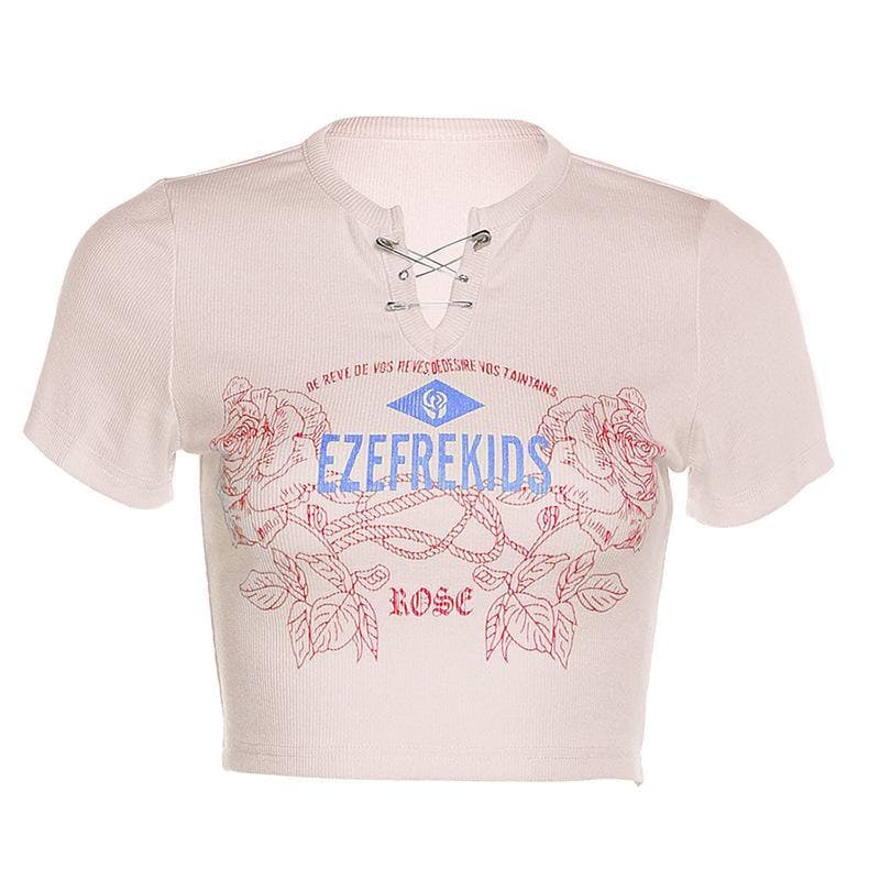 Geripptes Crop-Top mit kurzen Ärmeln und Print