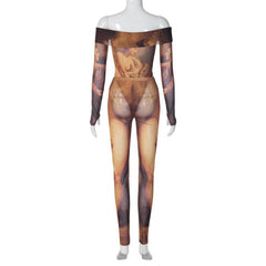 Schulterfreies Bodysuit-Hosenset mit langen Ärmeln und abstraktem Print aus transparentem Netzstoff