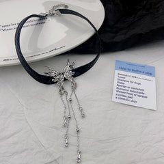 Butterfly pendant tassels PU leather choker necklace