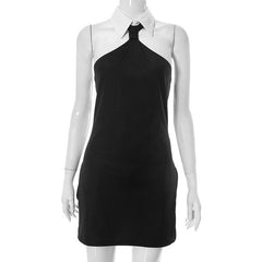 Turnover collar halter contrast button backless mini dress