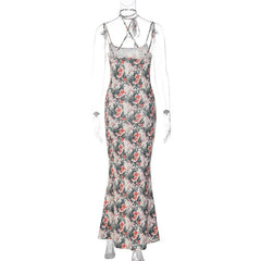 Flower print contrast halter cross back cami maxi dress