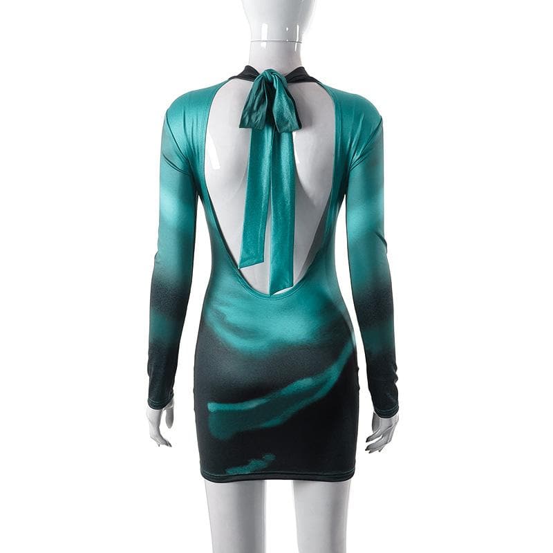 High neck long sleeve self tie backless gradient mini dress