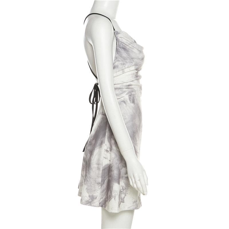 Tie dye cowl neck cross back backless ruched mini dress