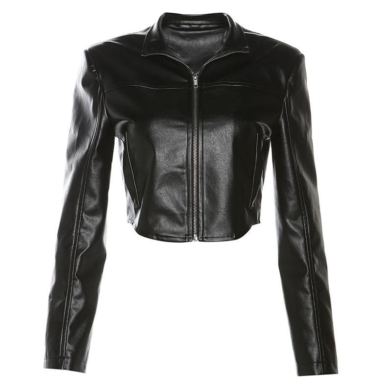 Long sleeve zip-up PU leather solid coat crop top