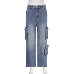 Cargo pocket button high rise straight leg jeans