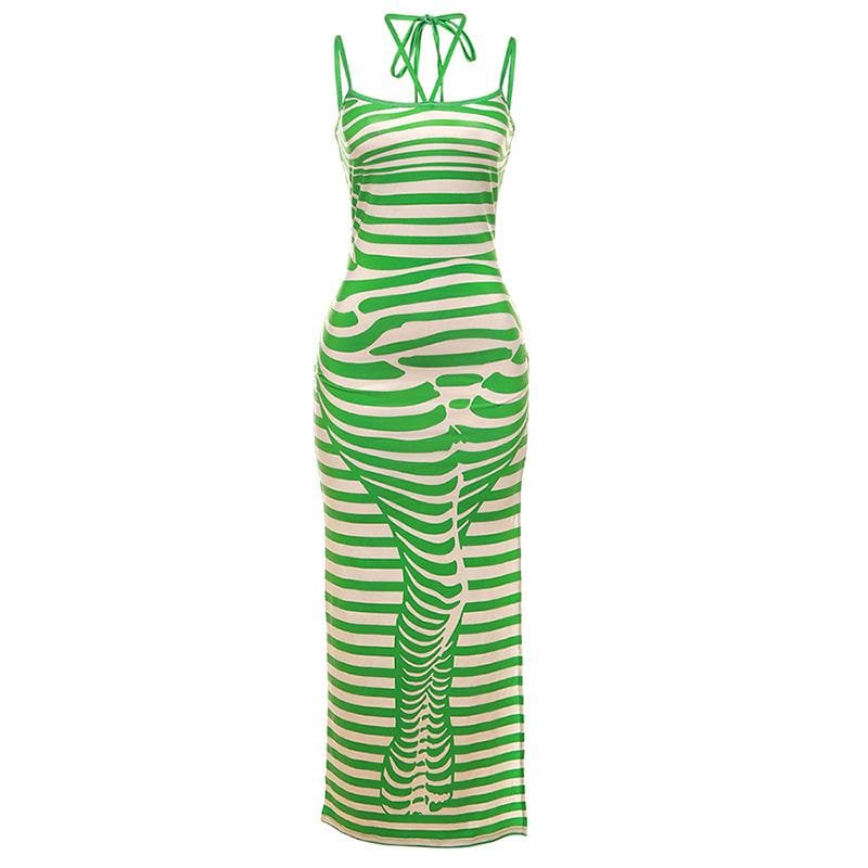 Slit halter self tie striped backless body print maxi dress