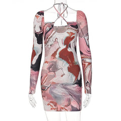 Cross front contrast print long sleeve halter notch neck self tie mini dress