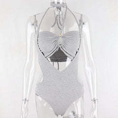 Drawstring pearl hollow out halter backless solid bodysuit