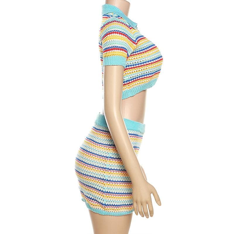 Turnover collar short sleeve button contrast striped mini skirt set