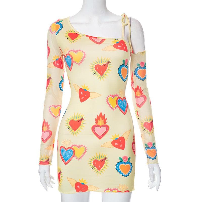 Heart print contrast irregular long sleeve mesh mini dress