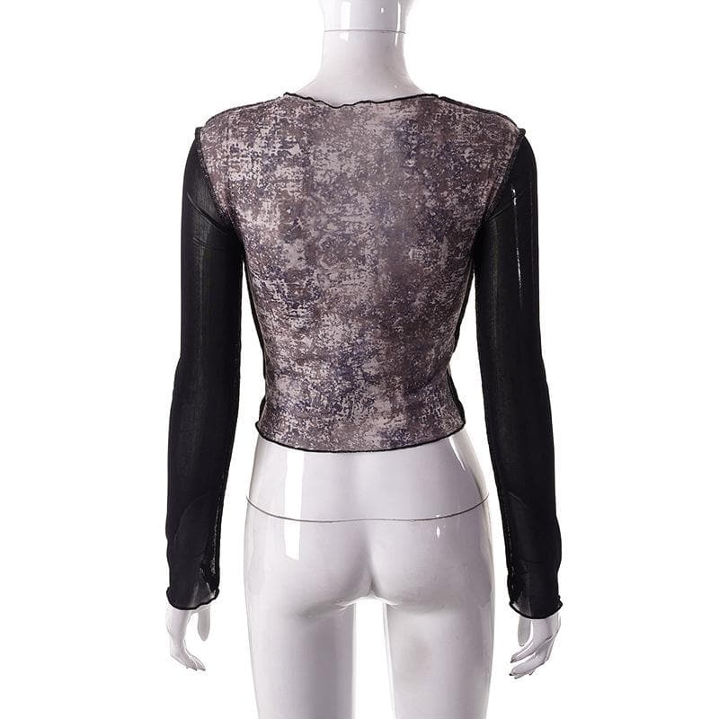 Long sleeve stitch abstract print mesh see through crop top