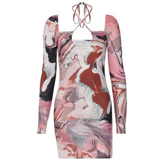 Cross front contrast print long sleeve halter notch neck self tie mini dress