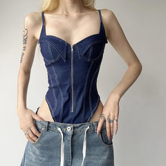 Rückenfreier Denim-Camisole-Bodysuit mit Reißverschluss und V-Ausschnitt