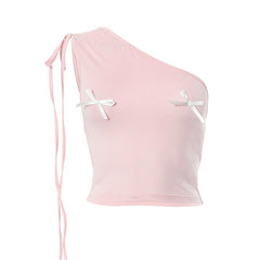 One shoulder drawstring ruched bowknot crop top