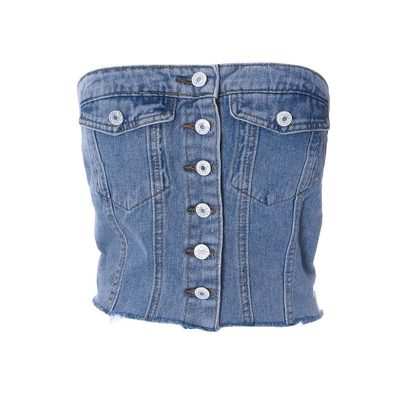 Button smocked backless denim tube crop top