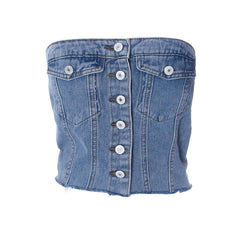 Button smocked backless denim tube crop top