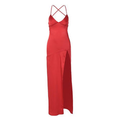 Slit cross back satin backless solid v neck maxi dress