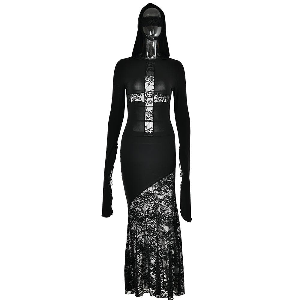 Lace cross patchwork hoodie long flared sleeve irregular maxi dress | victorian gothic dresses