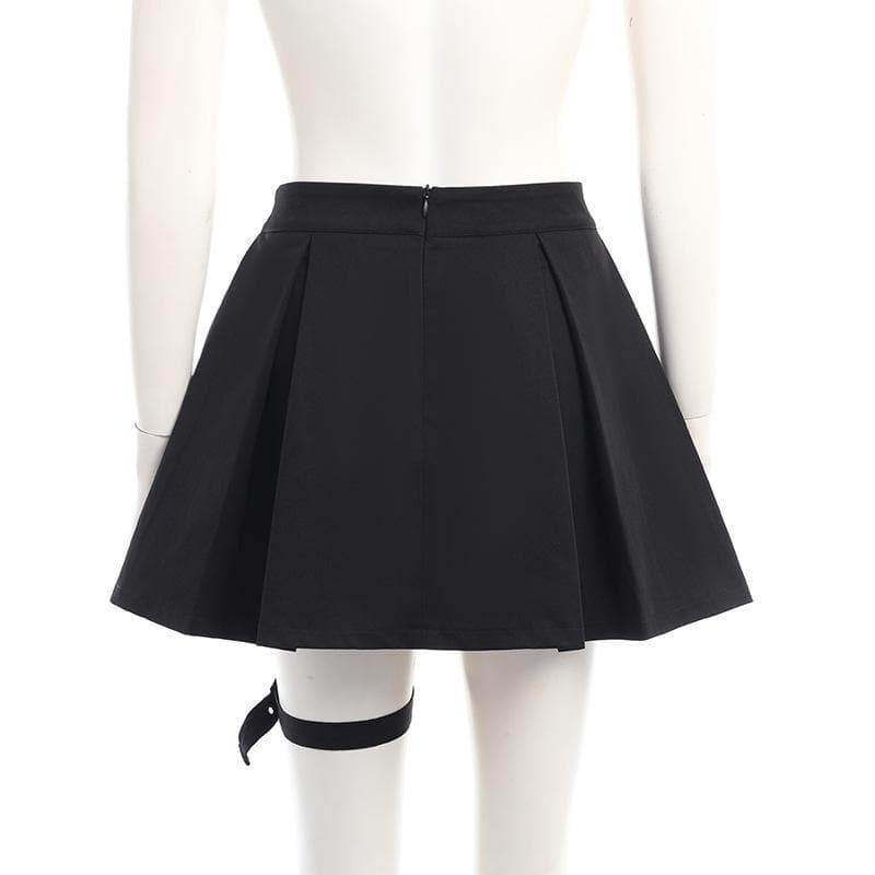 Pocket irregular pleated solid buckle zip-up mini skirt