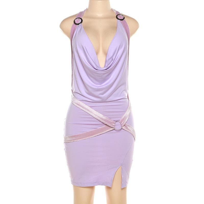 Cowl neck low cut o ring halter backless self tie slit mini dress