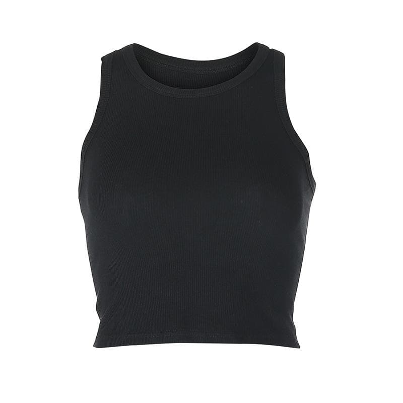 Round neck ribbed solid sleeveless tank top