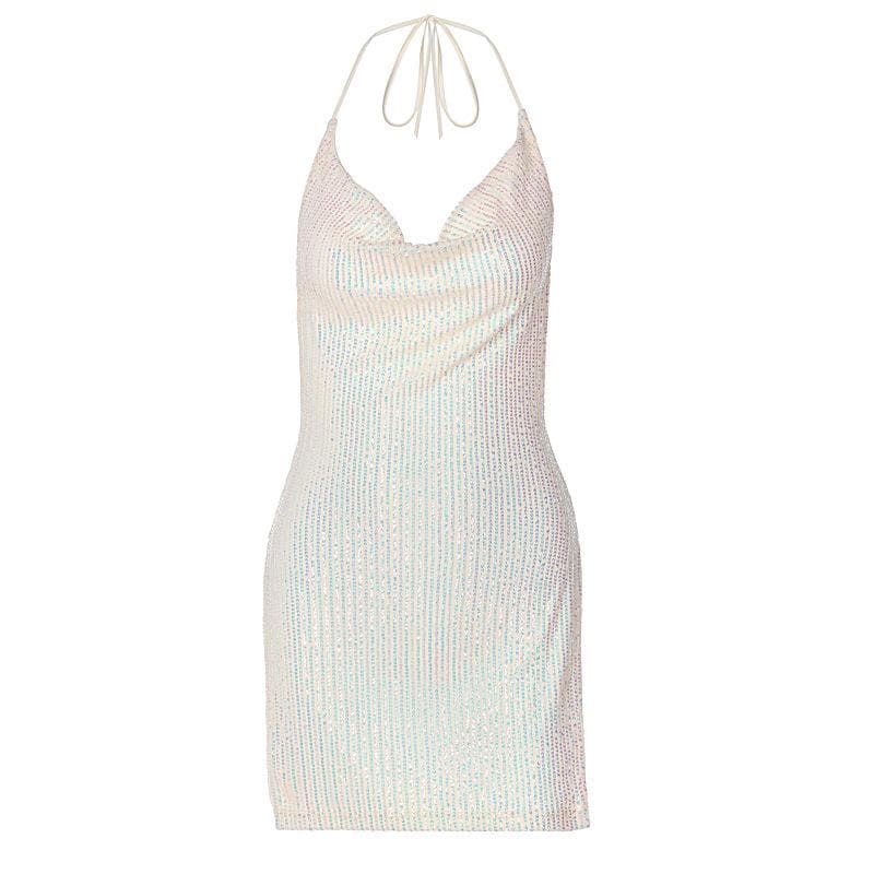 Glitzerndes rückenfreies Minikleid mit Wasserfallausschnitt, Neckholder und Schlitz