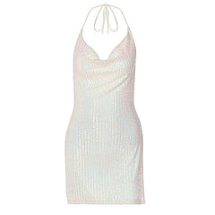 Glitzerndes rückenfreies Minikleid mit Wasserfallausschnitt, Neckholder und Schlitz