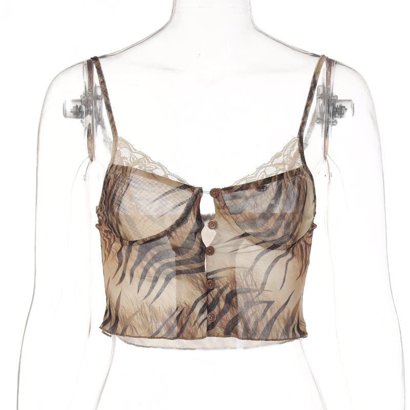 Lace hem tiger Stripe button low cut backless cami top